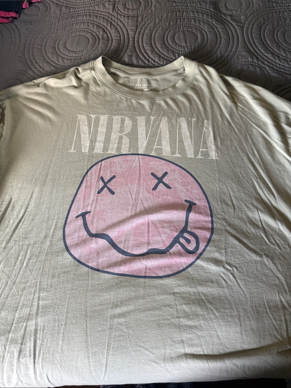 American Eagle Outfitters Olive Green Tee with Pink Smiley Graphic